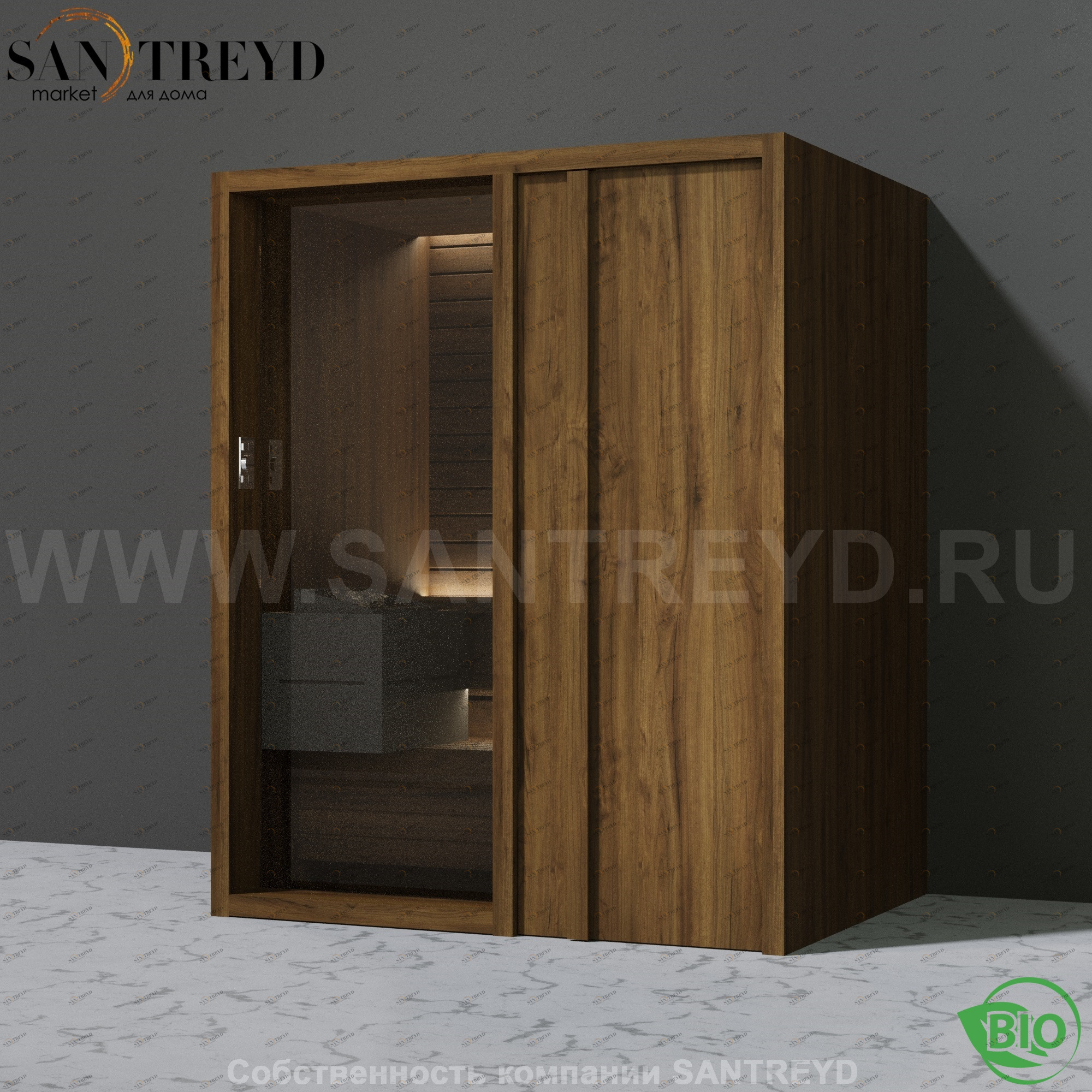 Effegibi YOKU.D45 BI.70200019 Био-сауна с правой дверью. Мощность: 4,5 кВт макс. Размеры: длина 174 см, ширина 132 см. Отделка: чёрный орех BI70200019