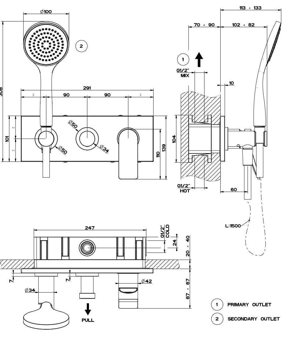 Латунный смеситель для душа с 3 отверстиями и ручным душем Gessi рельеф ARCH-00091107 - Вид №3