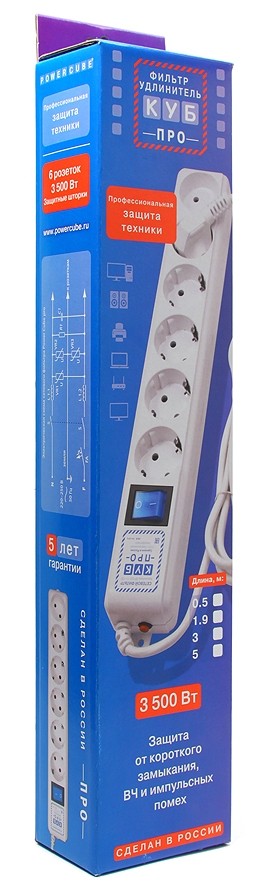 SPL(5+1)-16B-P-1.9M Surge protector power cube pro 1,9 m, lc circuit, 6 outlets (white) 16a / 3,5kvt Электрическая мануфактура Santreyd  - Вид №2