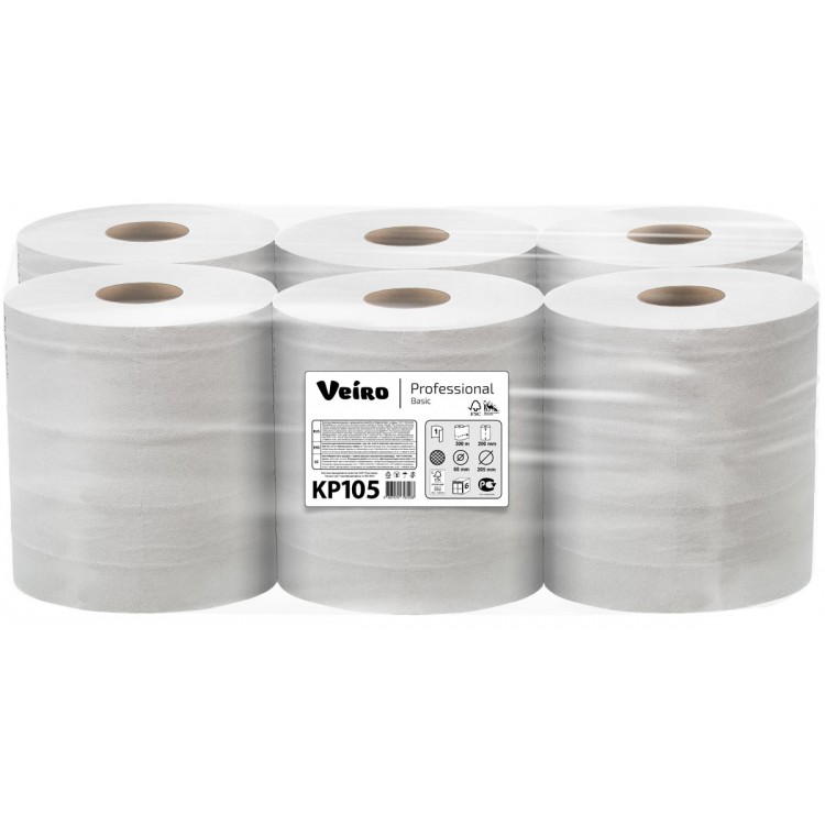 КР105 Veiro Бумажные полотенца в рулонах с центральной вытяжкой Veiro Professional Basic КР105 T8 6 рулонов по 300 м  - Вид №1