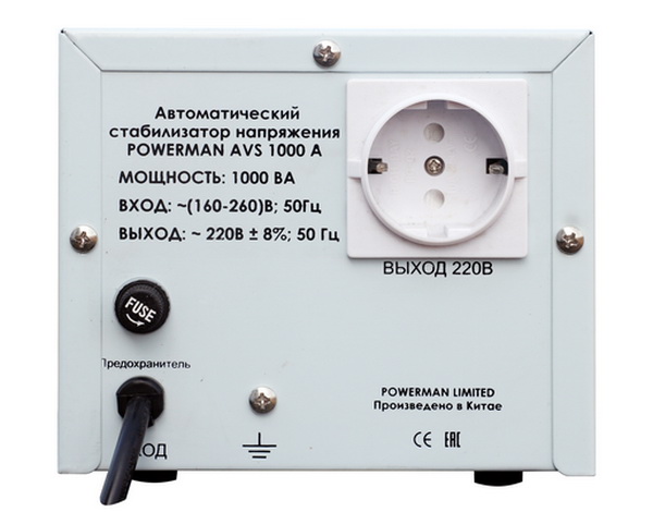 POWERMAN AVS 1000A Stabilizer avs 1000a, step-type regulator, 1000 va / 550w, 160-260v, the maximum input current 7a, 1 euro socket, ip-20, 190mm x 150mm x 130mm, 2.87 kg. POWERMAN Santreyd  - Вид №1