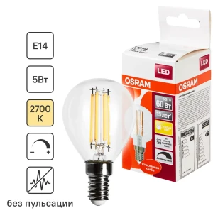 82455735 Лампа светодиодная филаментная Osram E14 220 В 5 Вт шар прозрачная 520 лм тёплый белый свет, для диммера STLM-0905516