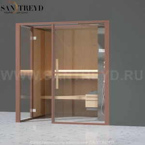 Effegibi LOGICAFILO S LO21030007 Сауна. Установка: в правый угол. Правая дверь. Мощность: 6 кВт макс. Размеры: длина 214 см, ширина 250 см. Отделка: канадский хемлок, матовый лакированный коричневый аллюминий и темный ламинат из керамогранита.