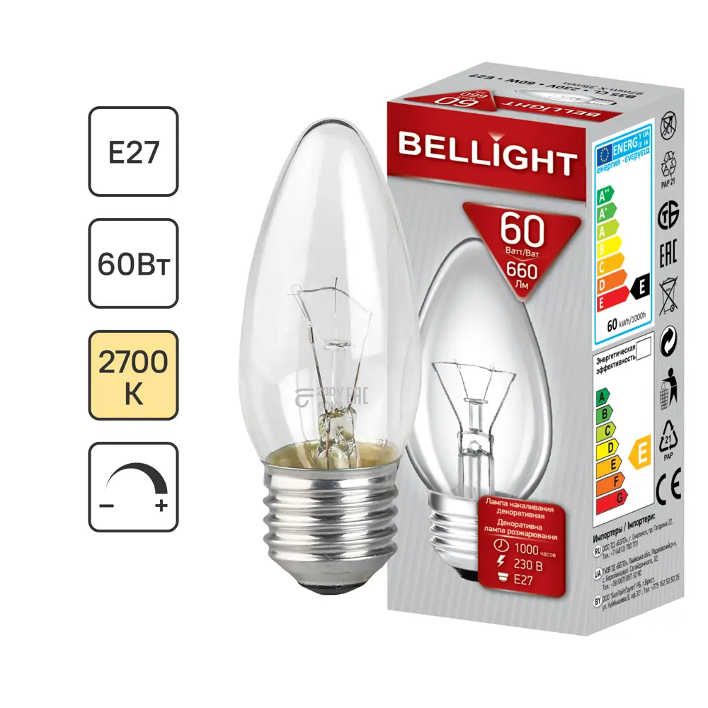 BELLIGHT Лампа накаливания E27 свеча 60Вт теплый свет для уютного интерьера 82895027 STLM-1526725