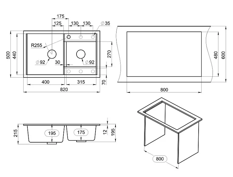 8201, ГРАФИТ (ЧЁРНО-СЕРЫЙ), кухонная мойка, кварц GRANULA 8201-ST270 - Вид №3