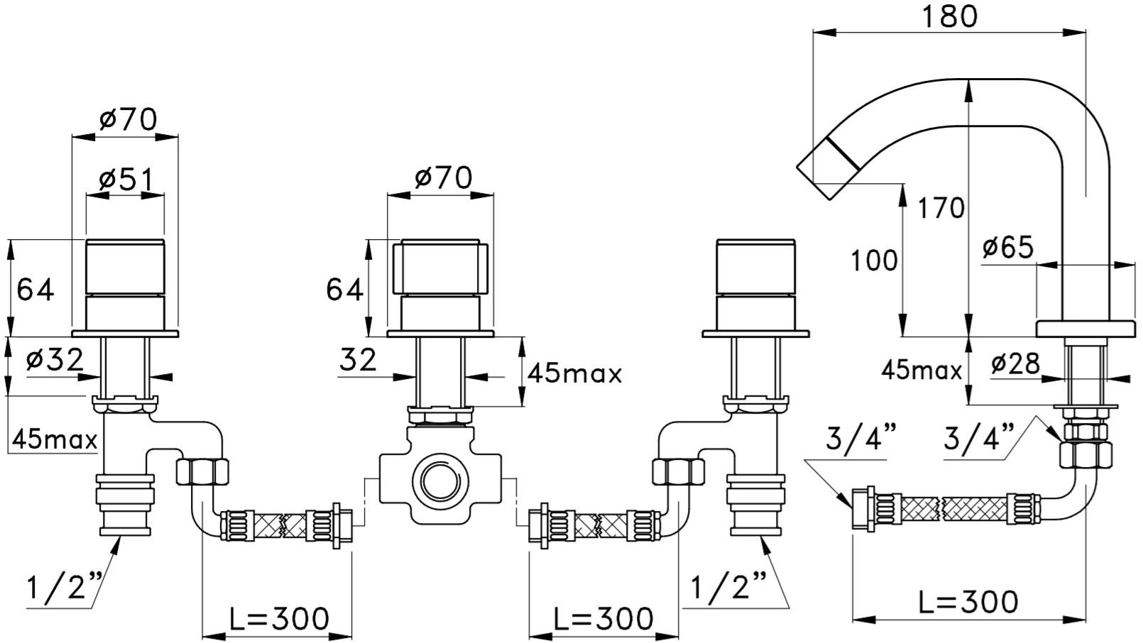 RUBINETTERIE STELLA Комплект для ванны на 4 отверстия Bamboo sun-id-1476061 - Вид №1