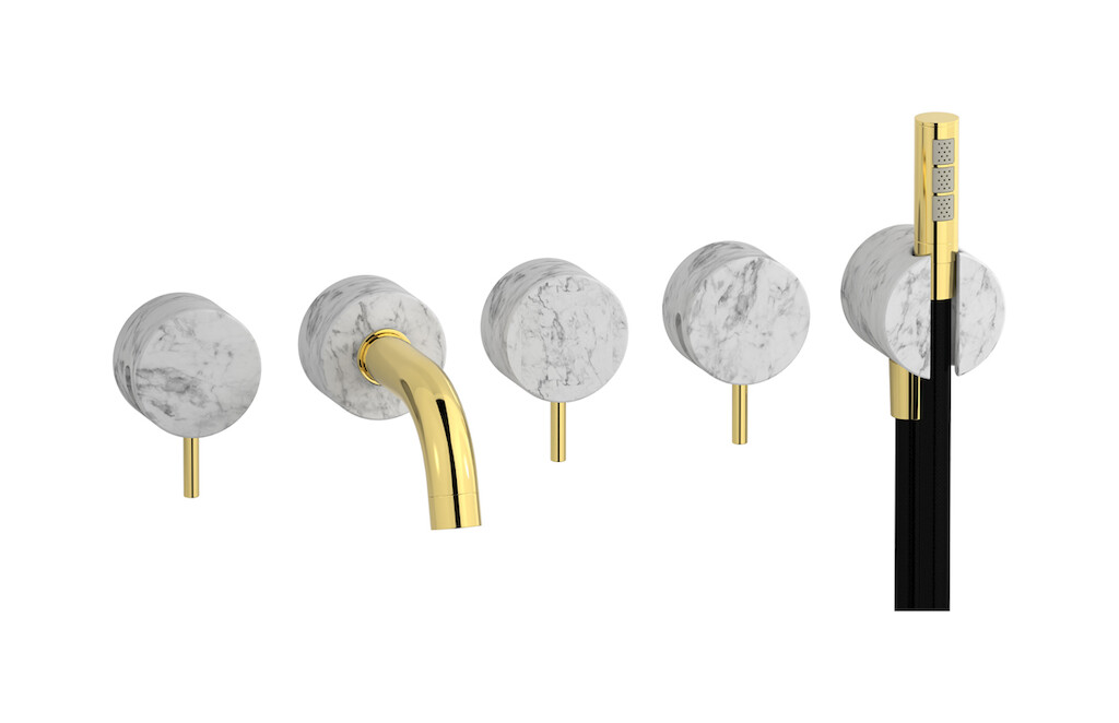 Настенный смеситель для ванной на 5 отверстий с дивертером и душевым гарнитуром. WE ARE IB mr398oo_1 Gold Marmo