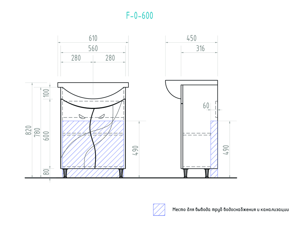 Тумба с раковиной Faina 1-600 (Балтика)600⨉270⨉830 мм белый Santreyd sun-id-665220 - Вид №6