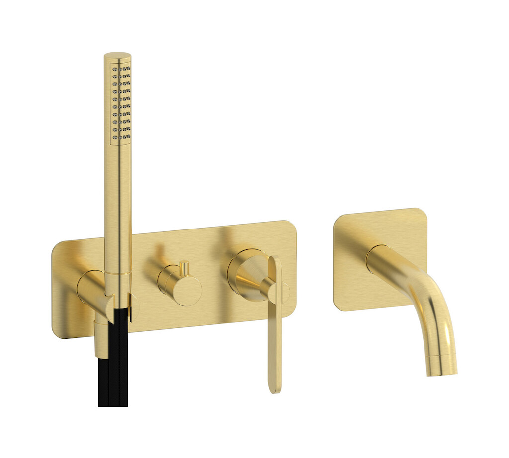 Настенный смеситель для ванной на дивертером и душевым гарнитуром. WE ARE IB ol305ss Brushed Pale Gold Soho