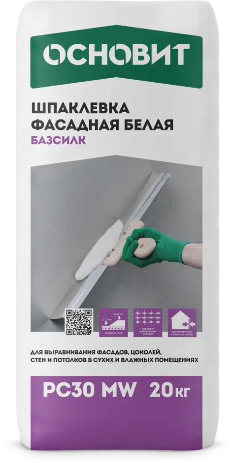 82235998 Шпаклевка цементная фасадная белая универсальная Основит Базсилк PC30 MW 20 кг STLM-1016423