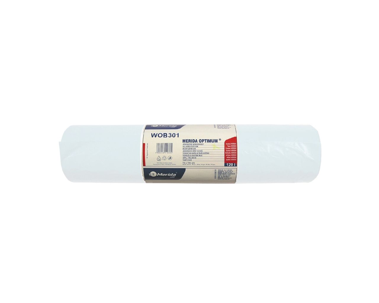 WOB301 Одноразовые мешки для мусора OPTIMUM, 70 x 110 см, вместимость 120 л, рулон 50 шт., БЕЛЫЙ, HDPE/LDPE Merida 