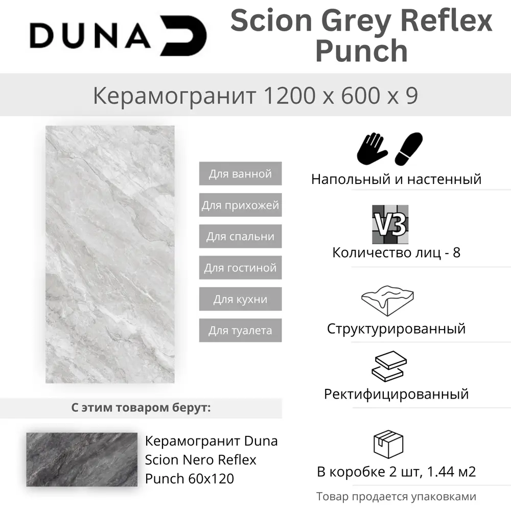 Глазурованный керамогранит Duna Scion Grey Reflex Punch 60x120 см 1.44 м² лаппатированный цвет серый STLM-2008281 - Вид №4