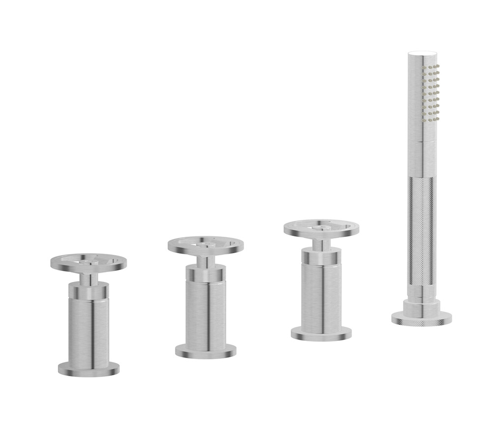 Смеситель на бортик ванной на 4 отверстия с изливом, дивертером и душевым гарнитуром. WE ARE IB b1397ss Brushed Nickel Bold