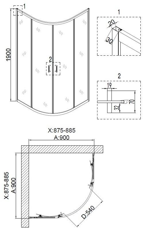 Душевое ограждение NG- 6606-08 (90*90*190) полукруг, двери раздвижные, 1 место Niagara Nova 66060811 - Вид №2