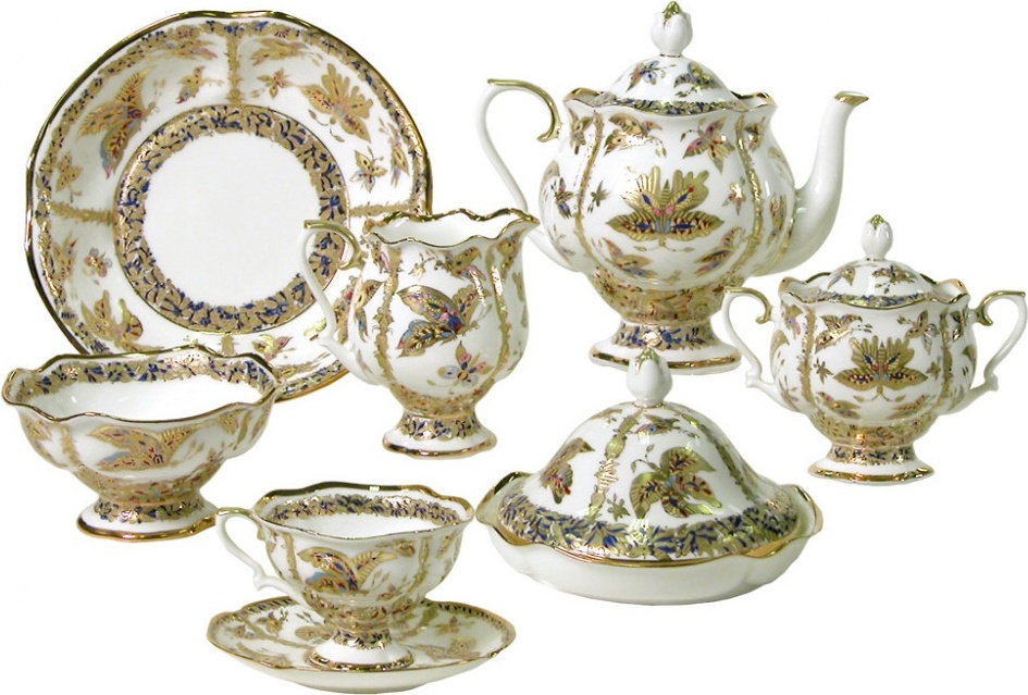 83887 Императорский фарфоровый завод Сервиз чайный 6/30 "Фантастич. бабочки" "Наташа" Фарфор костяной 