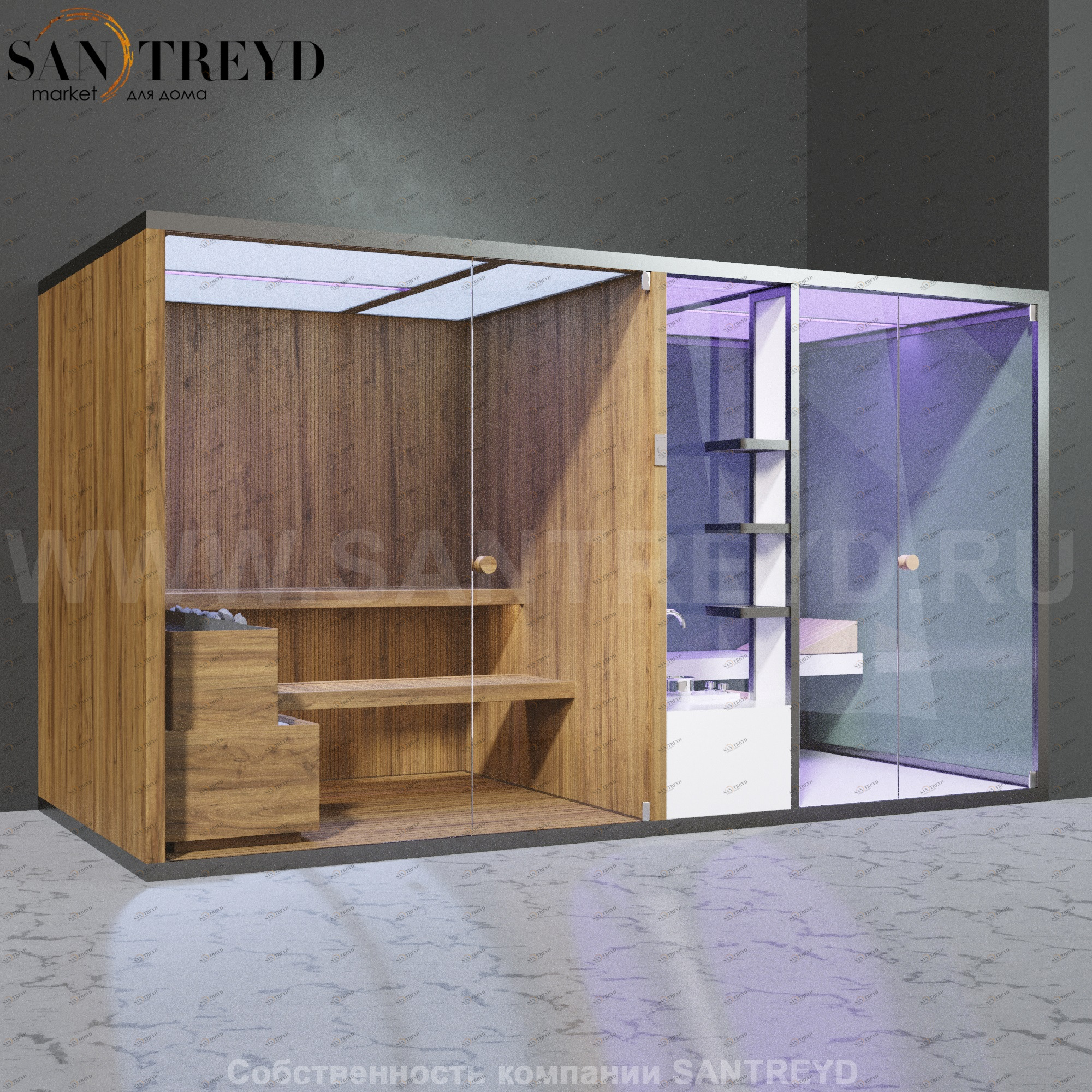 Effegibi BODYLOVE SH BL40230002 Фронтальная комбинированная баня: хаммам и сауна. Установка: в правый угол. Мощность: 15 кВт макс. Размеры: длина 393 см, ширина 176 см. Отделка: термообработанная древесина, гладкое стекло и гладкая термообработанная древе