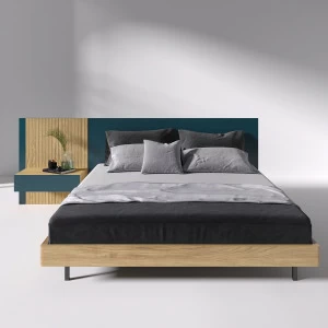 Кровать двуспальная 180х200 с подвесной тумбой дуб с бирюзовым Mark BRAGIN DESIGN ДИЗАЙНЕРСКИЕ 00-3879383 Голубой;бежевый