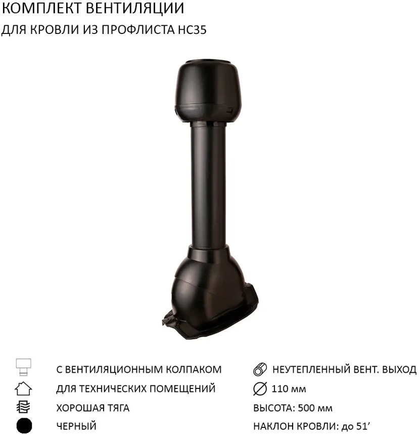 90757710 Колпак Polivent D110 с вентиляционным выходом 110 мм для кровельного профнастила 35 мм цвет черный STLM-0370467