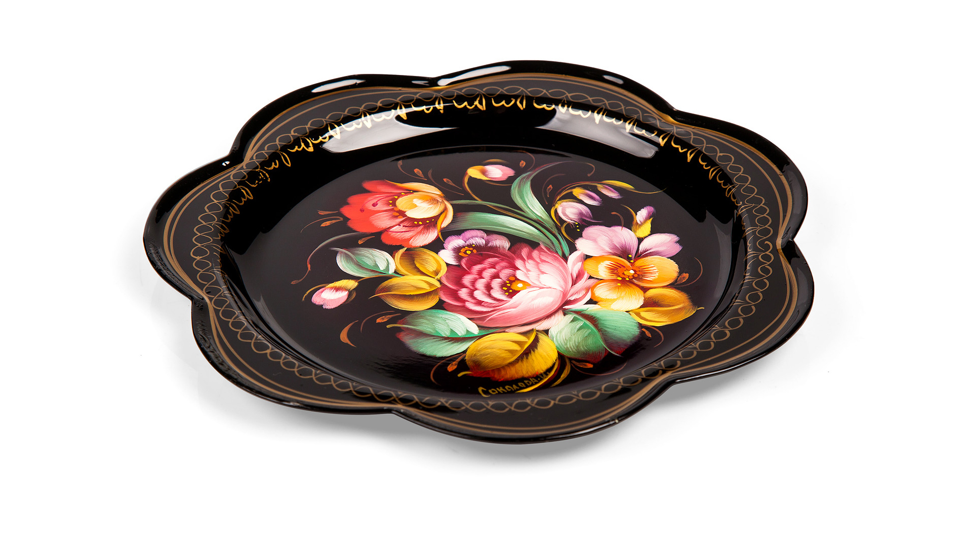 10618036 Жостовская фабрика декоративной росписи Поднос 18см НХПР "Букетик" Сталь  - Вид №1