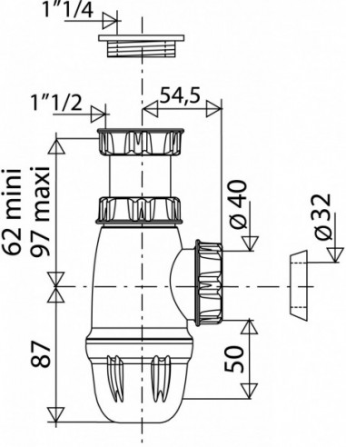 750800 001 00  Сифон для умывальника или раковины, вход 1 "1/2 или 1" 1/4, выход Д. 32 мм или Д. 40 мм, регулируемая высота, NF, белый Valentin Белый  - Вид №2