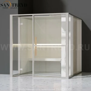 Effegibi LOGICAFILO H LO31020013 Хаммам. Установка: в левый  полуугол. Правая дверь. Мощность: 4,5 кВт макс. Размеры: длина 214 см, ширина 250 см. Отделка: матовый лакированный белый аллюминий и серый ламинат из керамогранита.