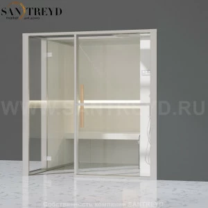 Effegibi LOGICAFILO H LO31020007 Хаммам. Установка: в правый угол. Правая дверь. Мощность: 4,5 кВт макс. Размеры: длина 214 см, ширина 250 см. Отделка: матовый лакированный белый аллюминий и серый ламинат из керамогранита.