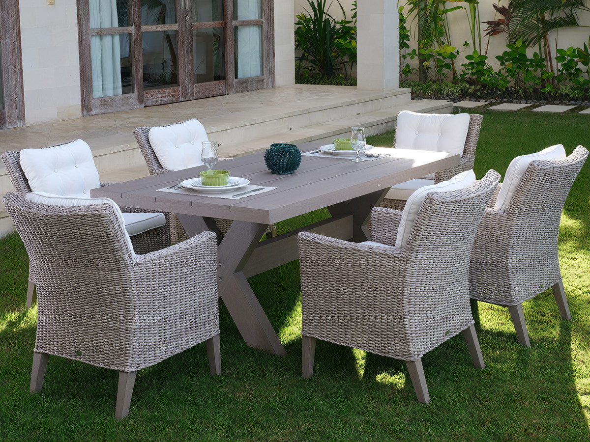 98.00.0876 Набор Madrigal twist oyster, 13 предметов, включая 6 кресел Madrigal oyster, 6 подушек для сидений (цвет на ваш выбор), 1x столик Crossleg Stone серый 220 × 100 Mbm 