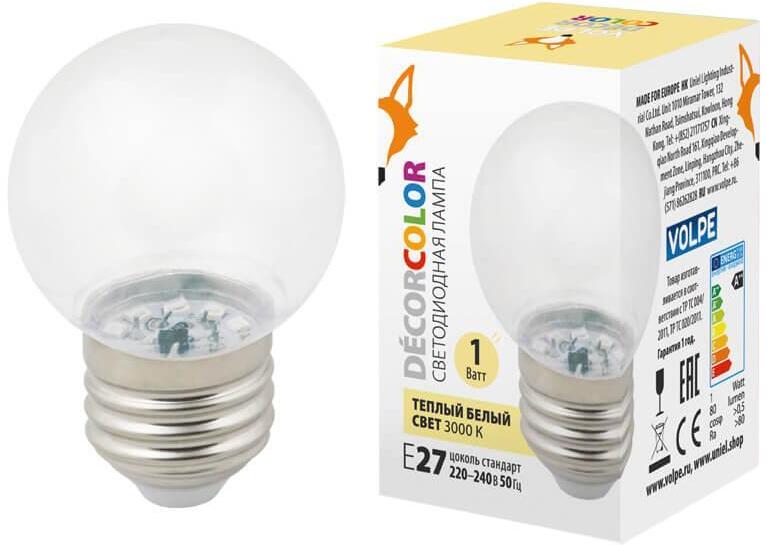 LED-G45-1W/3000K/E27/CL/С Лампа декоративная светодиодная E27 1W 3000K прозрачная UL-00005807 Volpe LED-G45