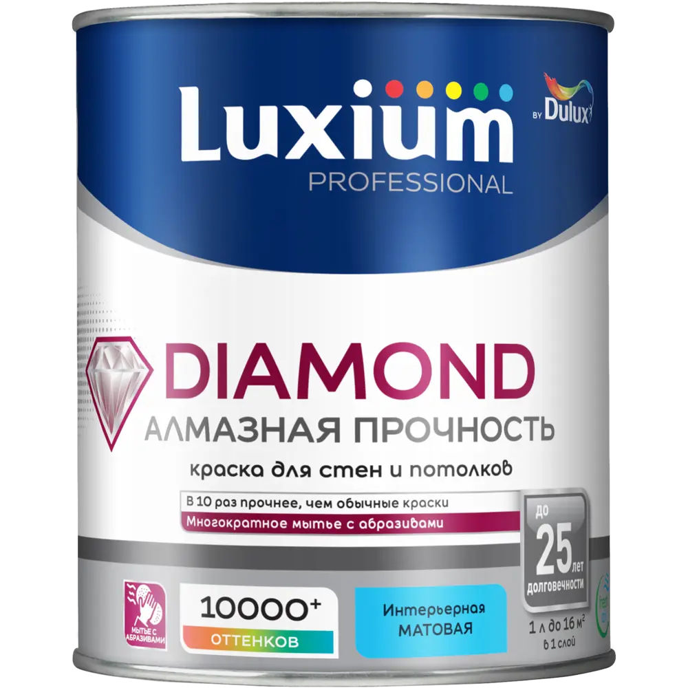 Краска для стен и потолков моющаяся Luxium Diamond матовая цвет прозрачный база BC 0.9 л STLM-2056157