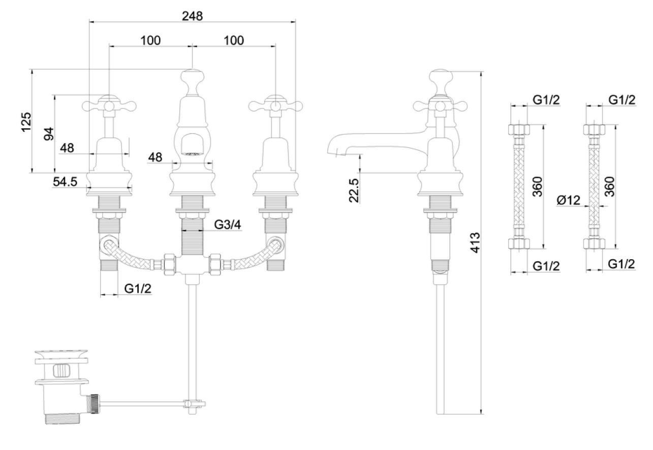 Смеситель для раковины с 3 отверстиями Burlington CLAREMONT ARCH-00119809 - Вид №9