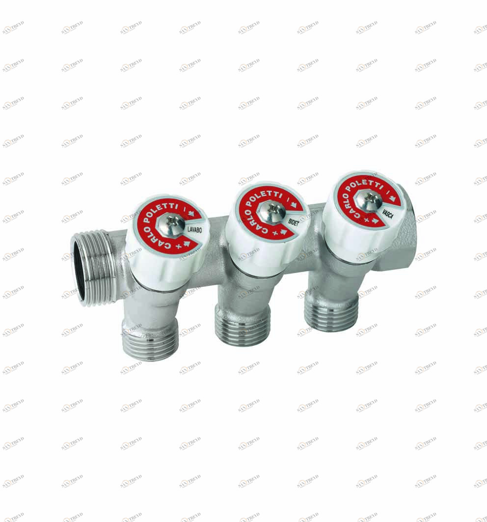 Carlo Poletti C52301TBI35 Коллектор сборный, с регулировочным клапаном. Ручка белая с идентификационными пластинками красный/синий. 3 ответвления, межосевое расстояние 35 мм 