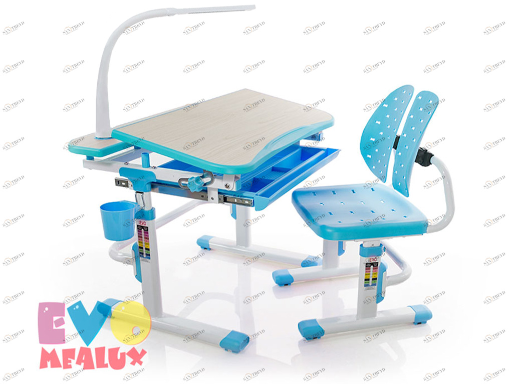 Растущая парта и стул EVO-05, с лампой, клен, голубая MEALUX EVO  261456 Голубой;молочный Santreyd 