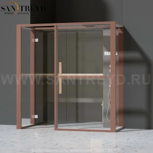 Effegibi LOGICAFILO H LO31030011 Хаммам. Установка: в полунишу. Правая дверь. Мощность: 4,5 кВт макс. Размеры: длина 214 см, ширина 250 см. Отделка: матовый лакированный коричневый аллюминий и темный ламинат из керамогранита.