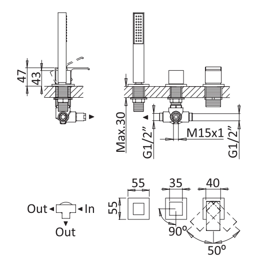 Смеситель на борт ванны с выдвижным душем и переключателем CEZARES PORTA-BVDM3-NOP - Вид №1