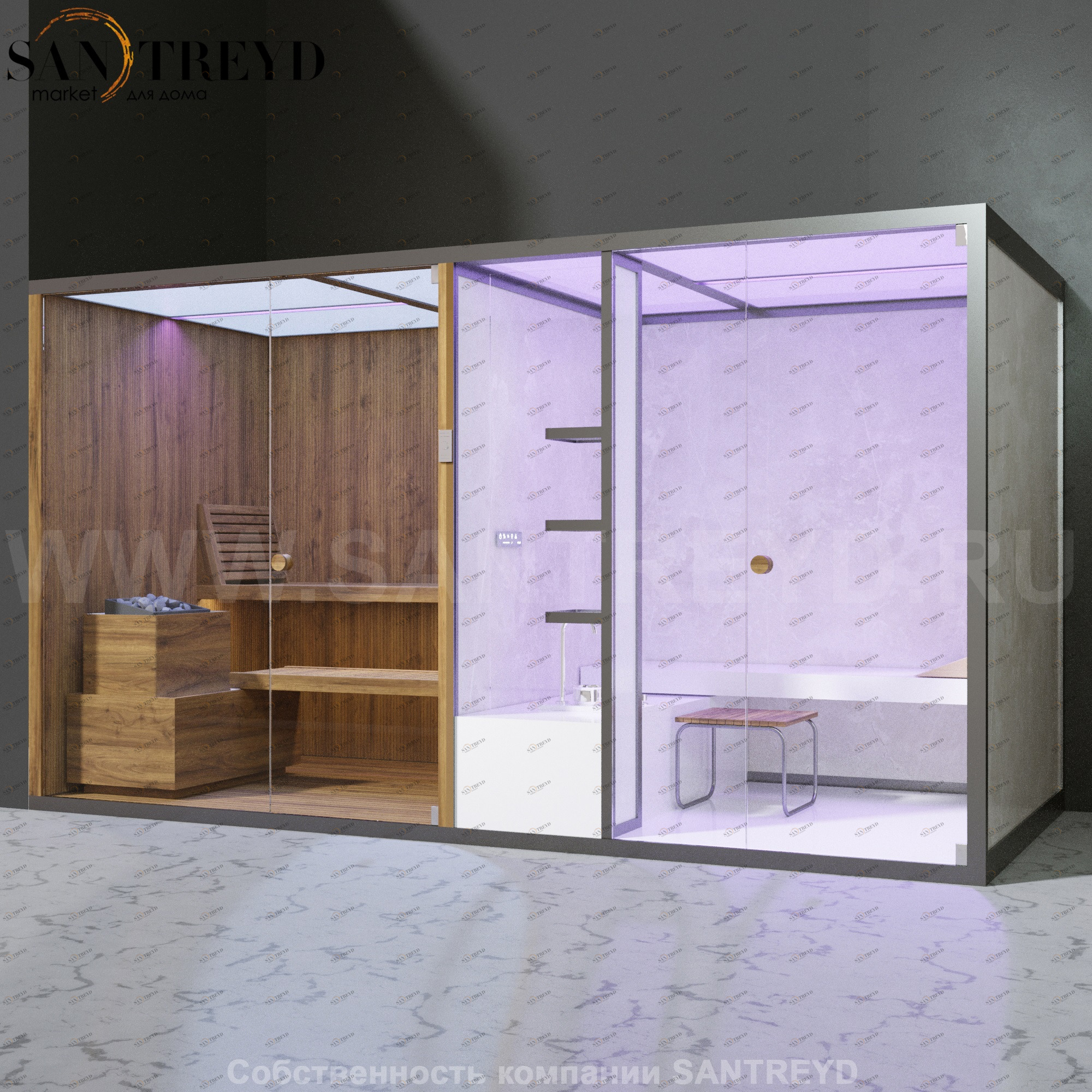 Effegibi BODYLOVE SH BL40210004 Фронтальная комбинированная баня: хаммам и сауна. Установка: в левый угол. Мощность: 15 кВт макс. Размеры: длина 393 см, ширина 176 см. Отделка: термообработанная древесина, светлый керамогранит и гладкая термообработанная