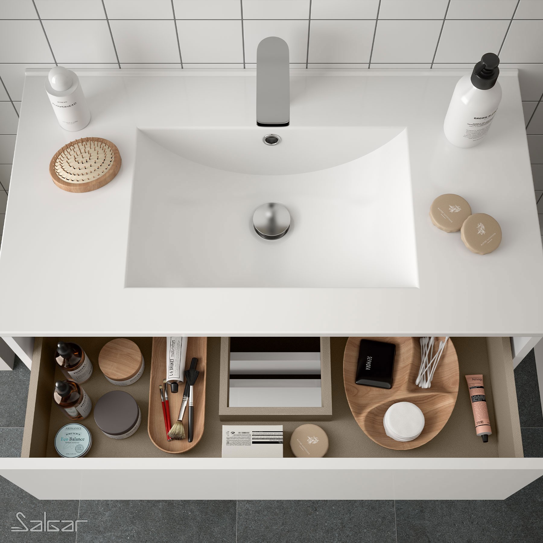 85024 SALGAR Комплект мебели для ванной NOJA 600 WHITE GLOSS LACQUERED + Раковина + Зеркало + Свет Глянцевый белый - Вид №1