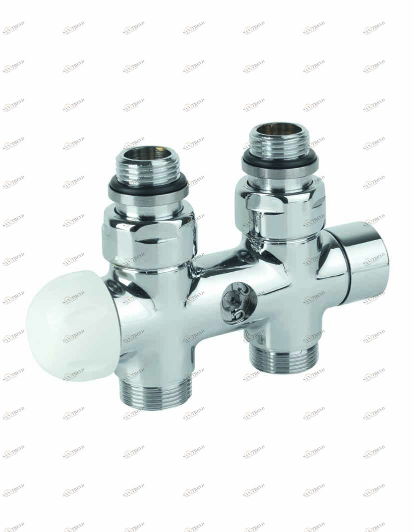 Carlo Poletti V37510I Клапан термостатический одно/двухтрубный с by-pass и держателем, центральное подсоединение. Версия угловая с подключением медной или пластиковой трубы. Межосевое расстояние 50 мм 