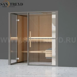 Effegibi LOGICAFILO S LO21010007 Сауна. Установка: в правый угол. Правая дверь. Мощность: 6 кВт макс. Размеры: длина 214 см, ширина 250 см. Отделка: канадский хемлок, матовый лакированный серый аллюминий и бежевый ламинат из керамогранита.