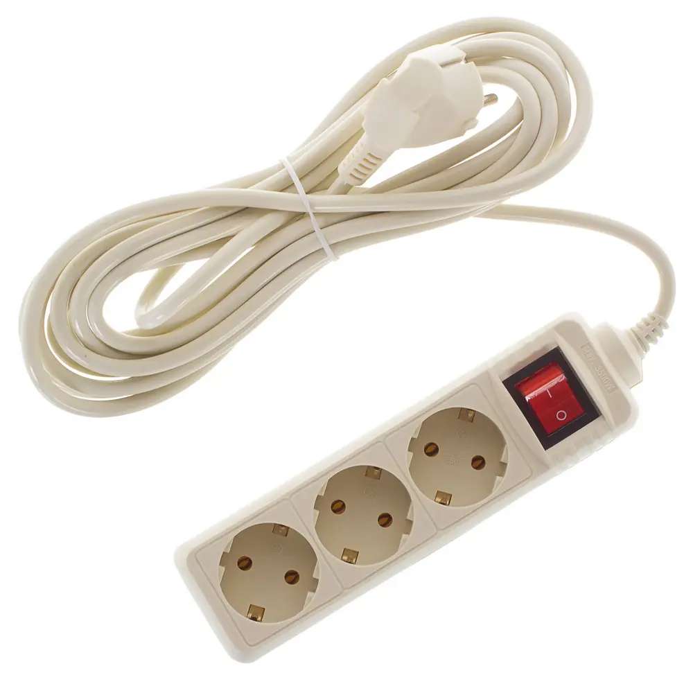 Удлинитель с заземлением, 3 розетки, 5 м, 3500 Вт, выключатель, цвет бежевый SKYBEAM STLM-2040312 - Вид №1
