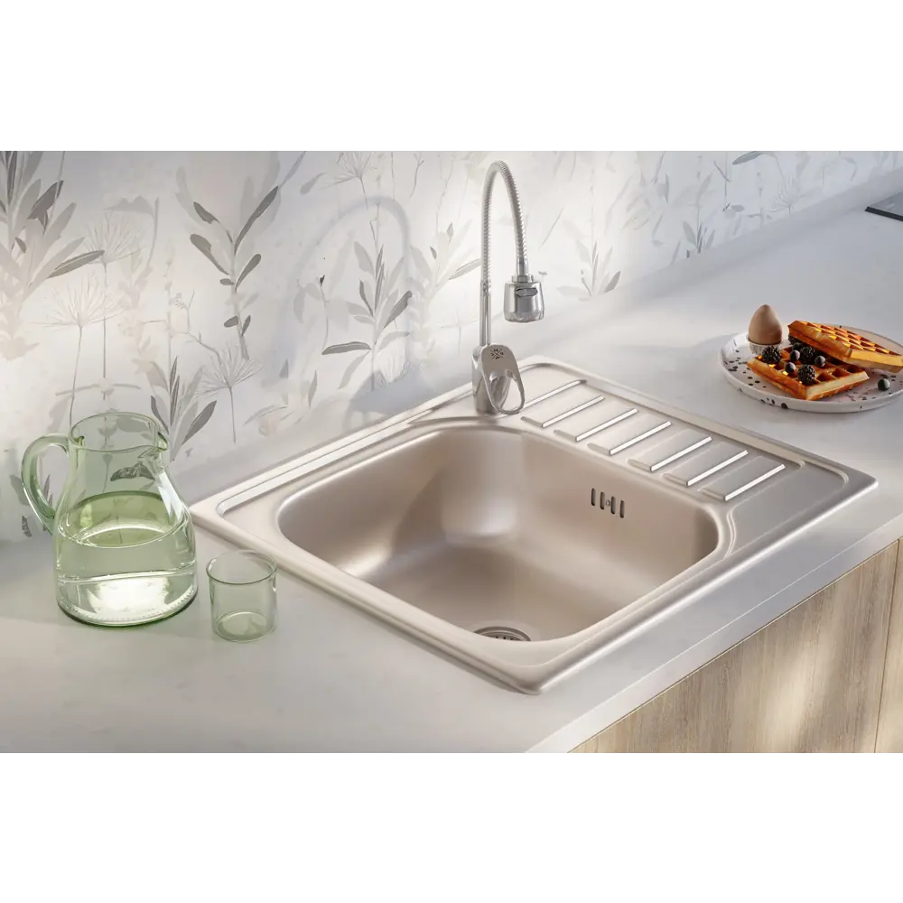KROMRUS ЕС-296 - Врезная мойка для кухни с расширенным крылом 58×50 см 89395239 Мойка врезная STLM-1529370 - Вид №1