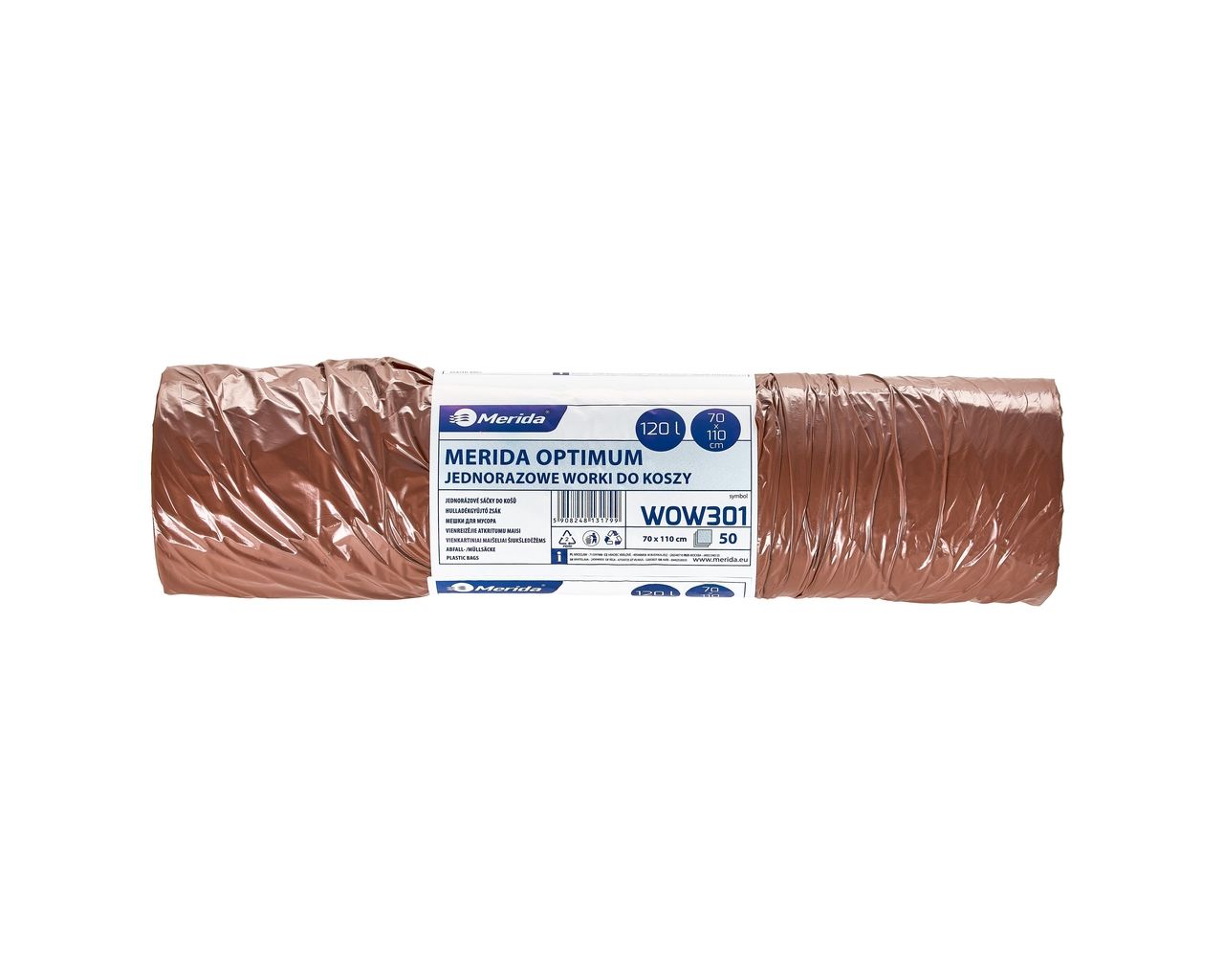WOW301 Одноразовые мешки для мусора OPTIMUM, 70 x 110 см, вместимость 120 л, рулон 50, КОРИЧНЕВЫЕ, HDPE/LDPE Merida 