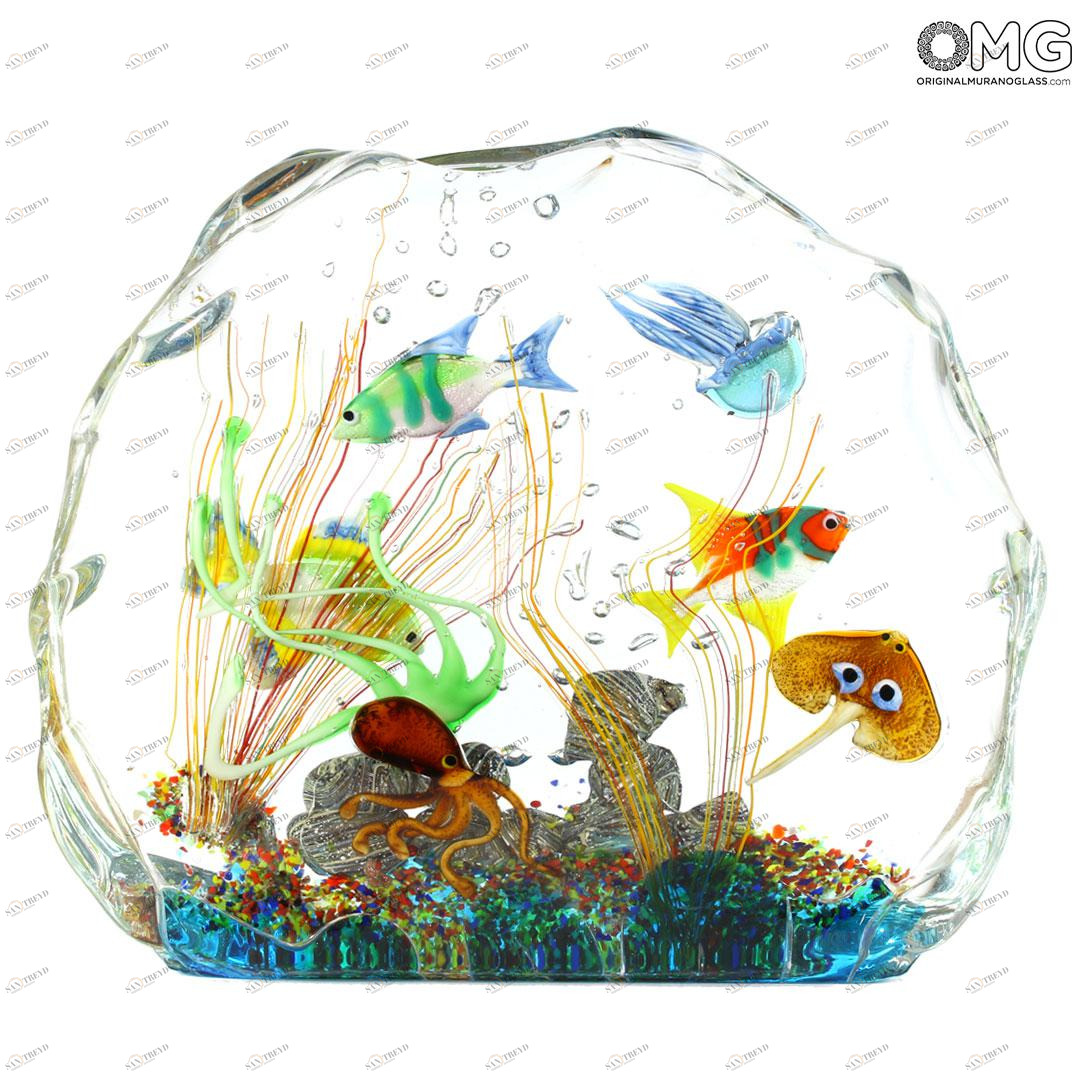 4225 ORIGINALMURANOGLASS Скульптура Аквариум с тропическими рыбками - муранское стекло OMG 25 см 