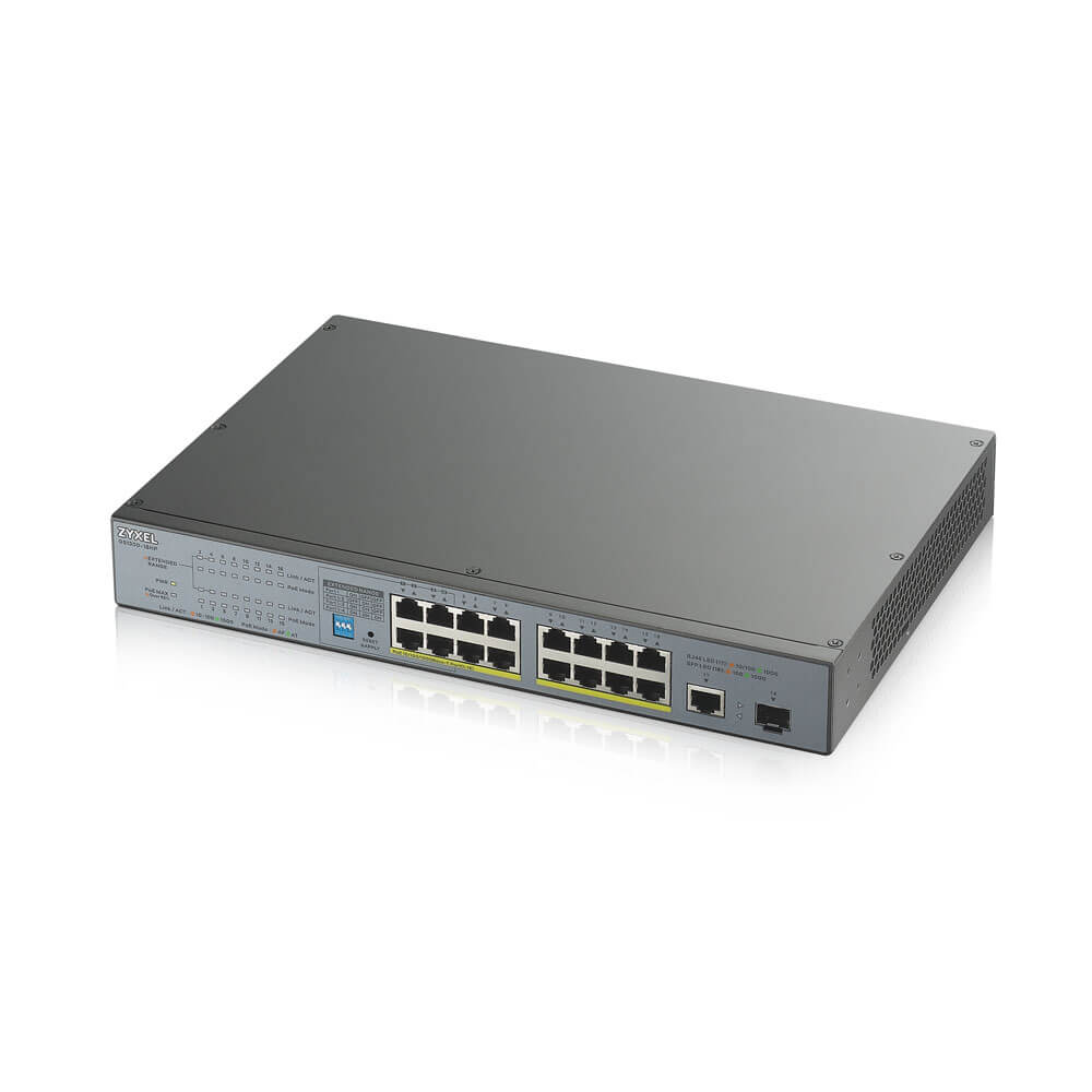 GS1300-18HP-EU0101F gs1300-18hp poe+ switch for ip cameras, 17xge (16xpoe +), 1xsfp, poe budget of 170 w, power transmission distance up to 250 m, increased overvoltage and esd protection ZyXEL Santreyd  - Вид №3