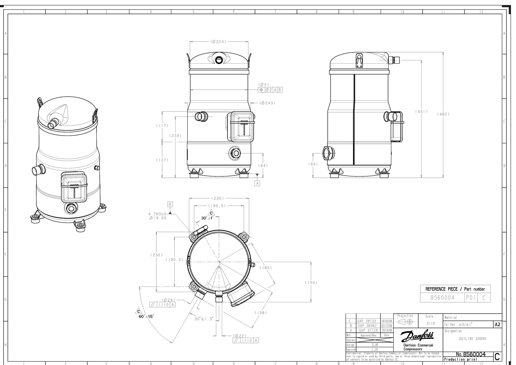 Danfoss SH — Герметичные спиральные компрессоры, R410A SH485B4ABA Компрессор герметичный 120H1065  - Вид №5