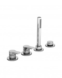 B267  Набортный смеситель для ванныбез излива ручки на 4 отверстия переключатель на 2 потока с кнопкой ручная лейка FIT гибкий шланг 150 см картридж керамический 90° впуски 3/4'' подводка Fantini Rubinetti AL/23