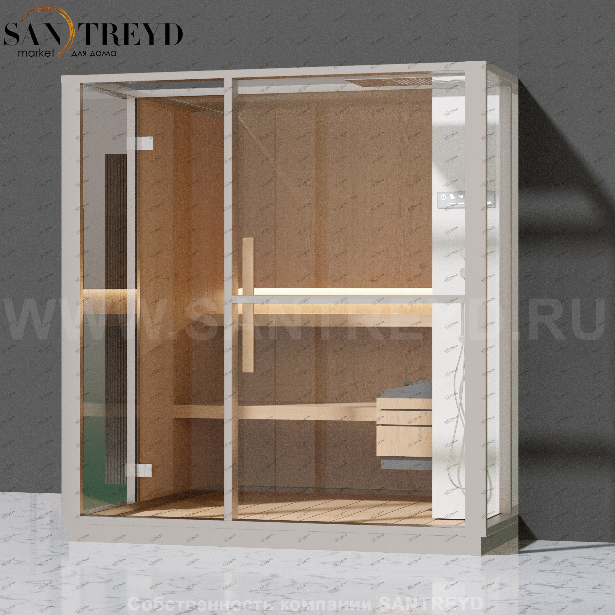 Effegibi LOGICA S LO20020015 Сауна. Установка: в правый  полуугол. Правая дверь. Мощность: 6 кВт макс. Размеры: длина 214 см, ширина 250 см. Отделка: канадский хемлок, матовый лакированный белый аллюминий и серый ламинат из керамогранита.