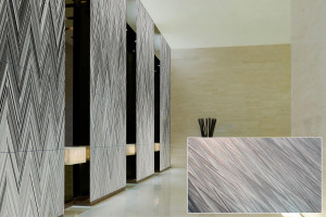 FSRT360 Стенка лифта из стекла vivispectra vektr с индивидуальной прослойкой, показанная в конфигурации Reflective с отделкой pearlex +  Forms-surfaces