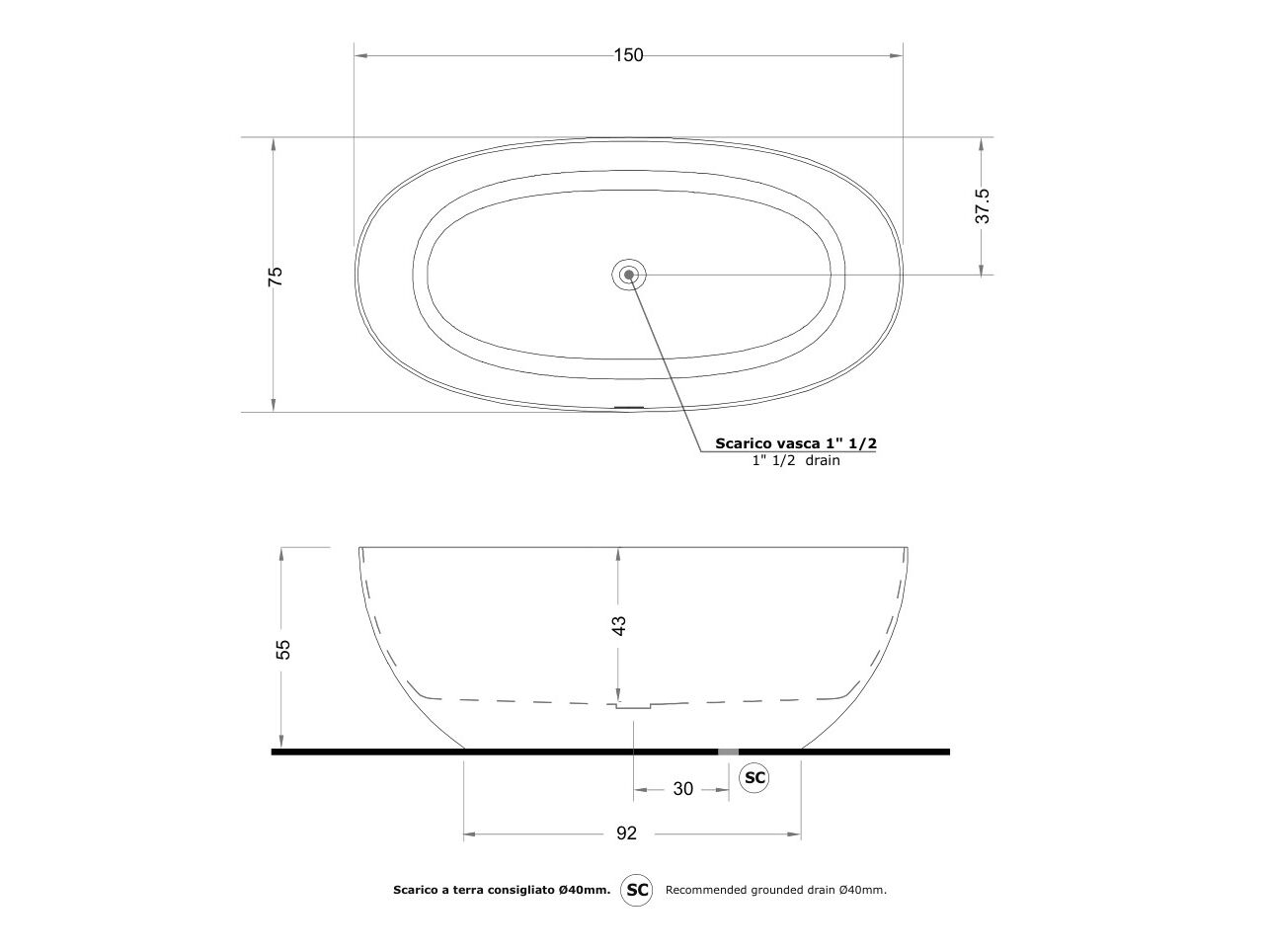 Овальная ванна в центре комнаты в твердой поверхности Gruppo Treesse мебель для ванной комнаты-отдельно стоящие ванны ARCH-00040277 - Вид №2