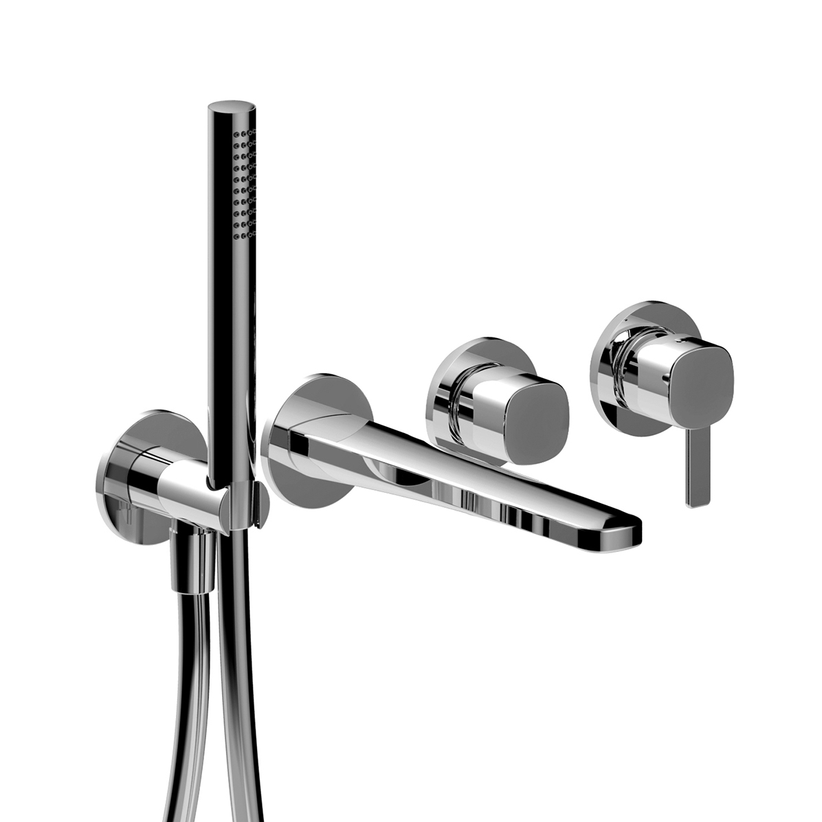 M121B+R021A  Встраиваемый смеситель для ваннывылет 19 см ручка переключатель на 2 потока с поворотной кнопкой ручная лейка FIT шланговое подсоединение с держателем для ручной лейки гибкий шланг 150 см ПВХ впуски 1/2'' Fantini Rubinetti LAMÉ LAME