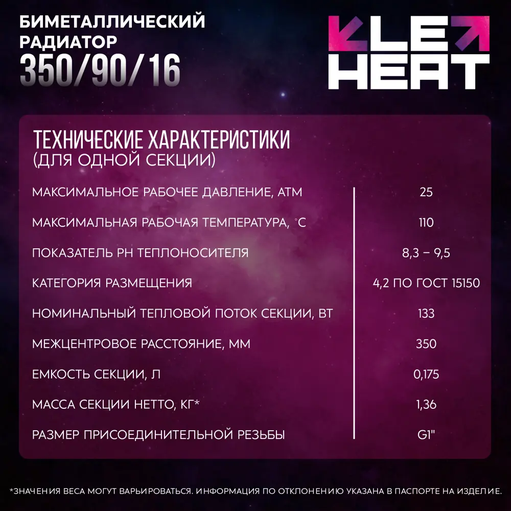 Радиатор секционный Le Heat Bimetal 350/90 16 секций боковое подключение биметалл белый 89423765 STLM-2055820  - Вид №12
